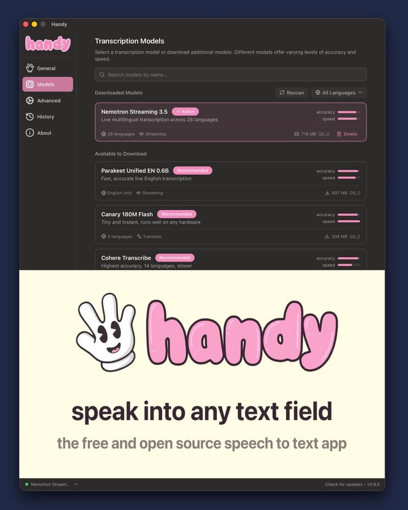 Handy v0.9.0 — Speech-to-text local com streaming em tempo real