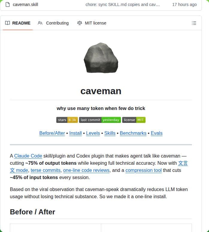 Caveman — 65% menos tokens para agentes de código